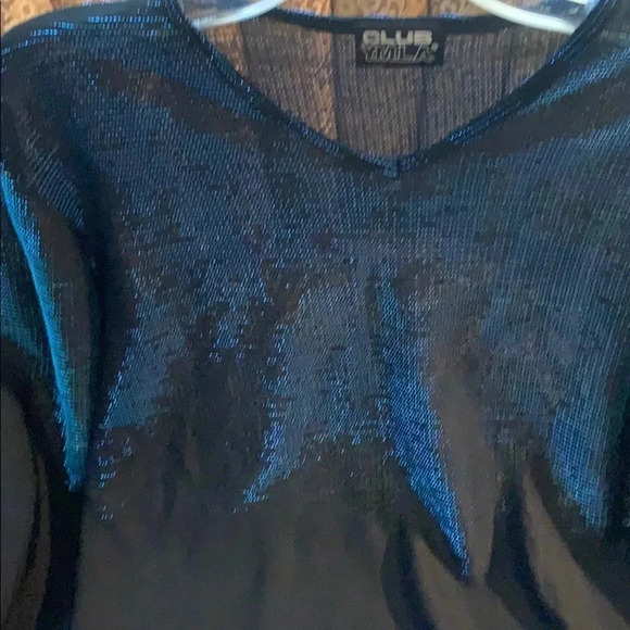 Vintage Club YMLA Women’s Sheer Metallic V-Neck Top Blue Large - Picture 2 of 6